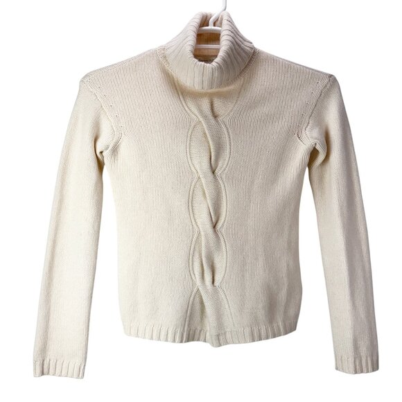 Garnet Hill 100% Cashmere Cable Detail Turtleneck Sweater Size Small Ivory White - Picture 1 of 13